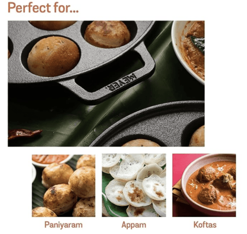 Meyer Pre Seasoned Cast Iron 12 Cavity Appam Patra | Paniyaram Pan Cast Iron | Appam Pan | Pan Cake | Paddu Maker | Appam Maker | Ponganal Maker | Appe Pan | Litti Maker with 2 Side Handle, 20cm - Image 3
